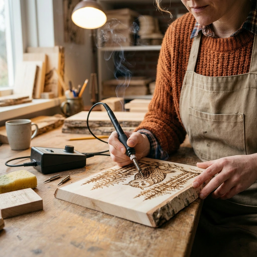 Woman woodburning an owl design on a wooden panel in a workshop