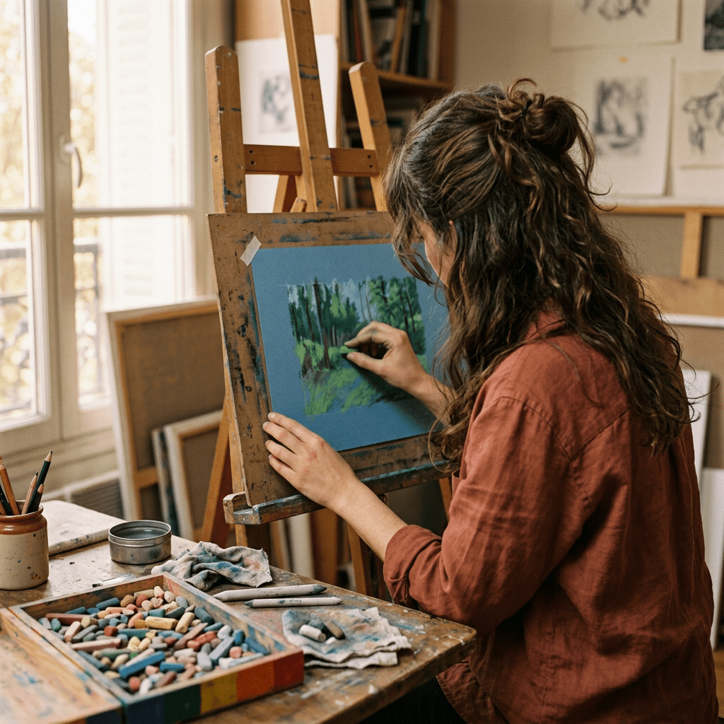 Artist drawing a forest landscape with pastels on blue paper