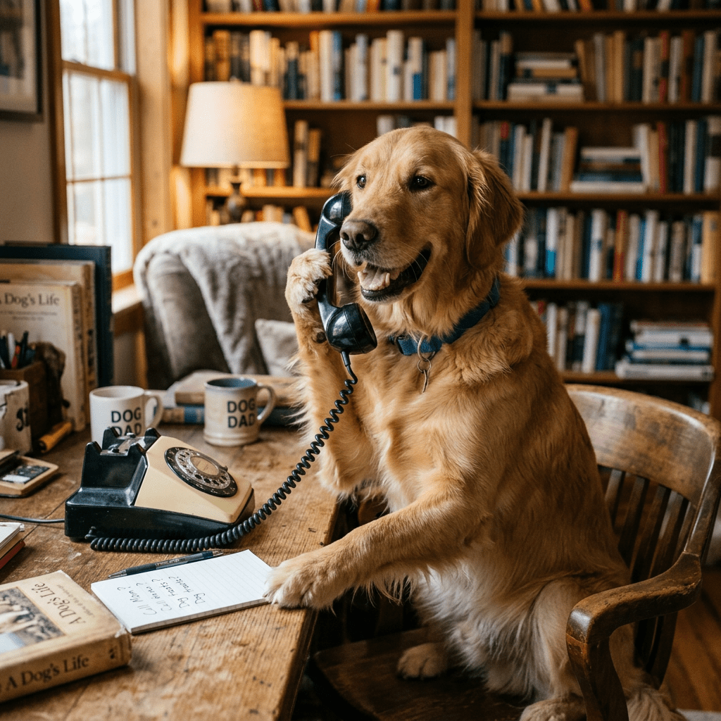 Golden retriever sitting at a desk holding the receiver of a vintage rotary telephone.